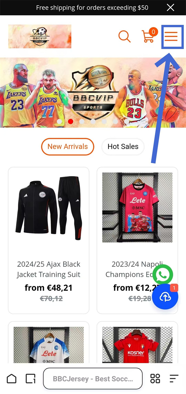 Mobile screen: opening the account menu