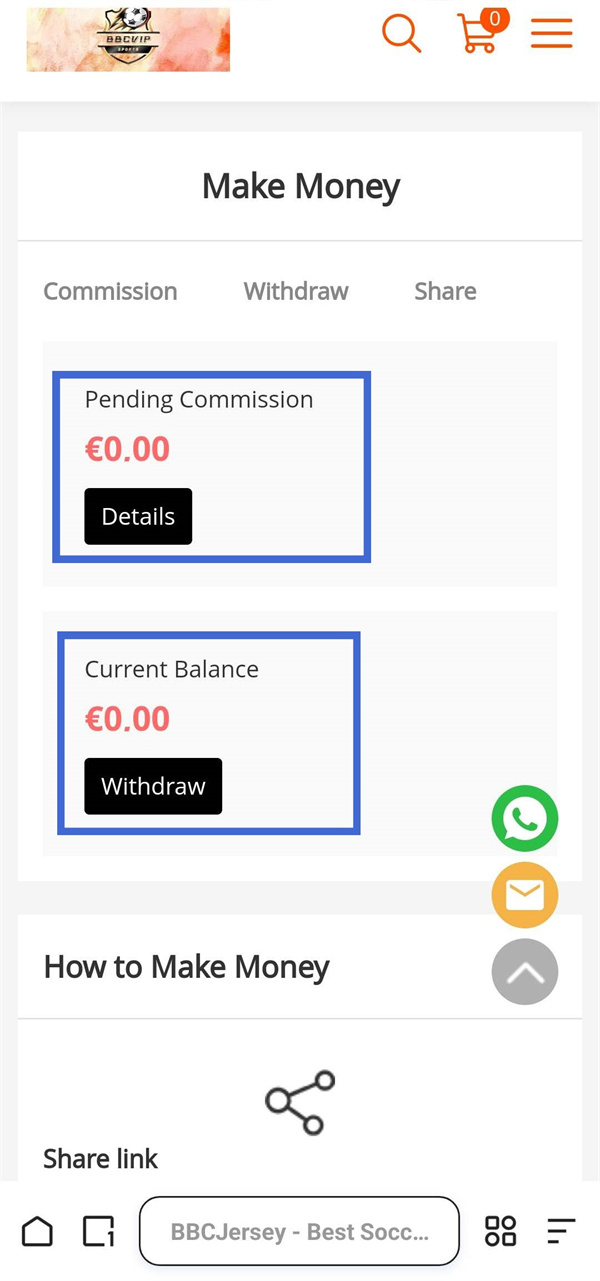 Mobile screen: commission balance
