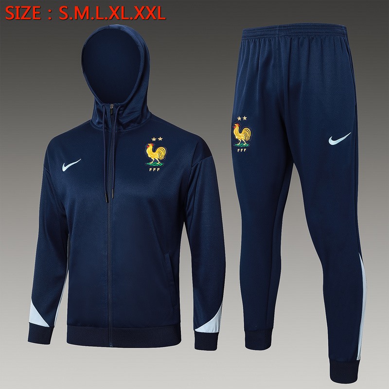 2024 France Royal Blue Hoodie Jacket Kit Set Football Team Shirt Sports Fashion