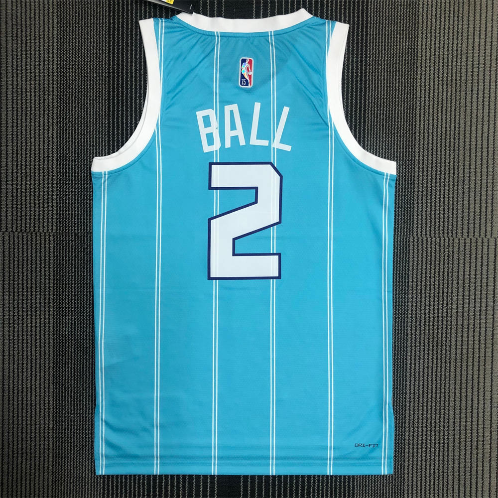 NBA Charlotte Hornets V-Neck Light Blue 75th Anniversary Jersey BALL#2 S-XXL