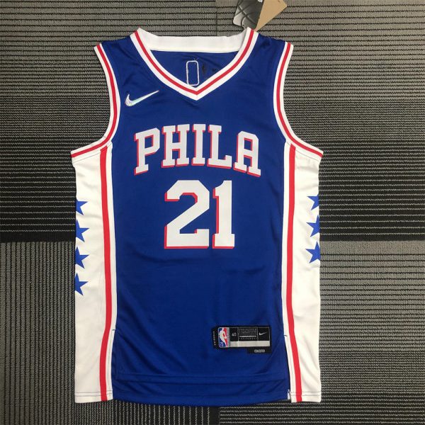 NBA Philadelphia 76ers Round Neck Blue 75th Anniversary Jersey EMBIID#21 S-XXL