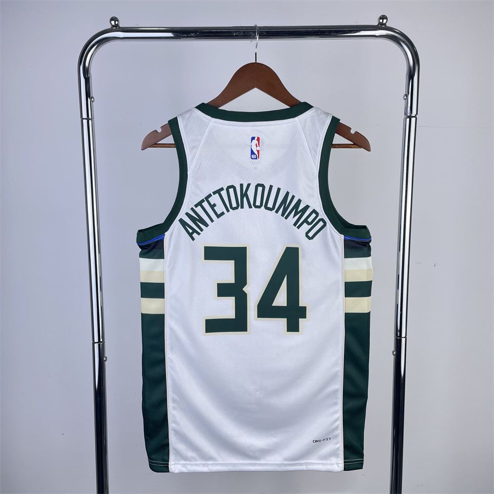 NBA Milwaukee Bucks V-Neck 2023 White jersey ANTETOKOUNMPO#34 S-XXL