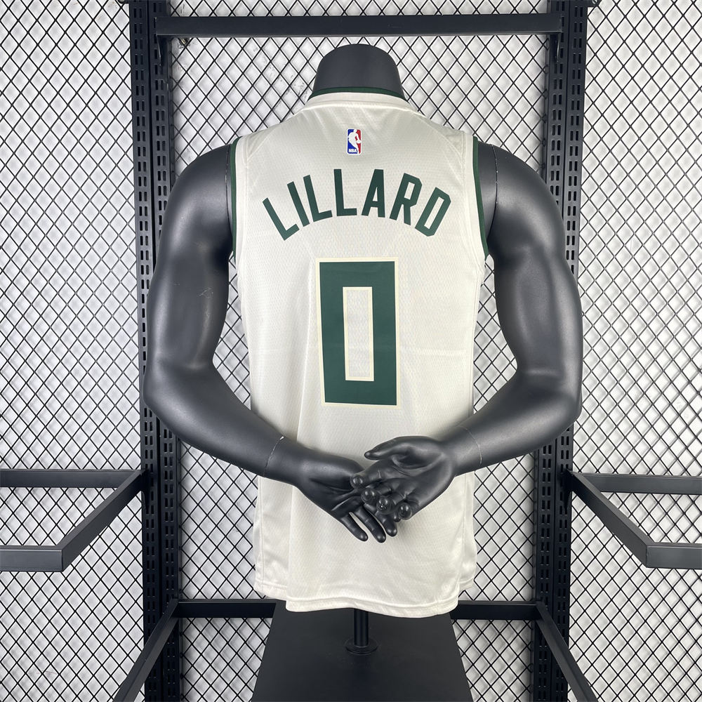 NBA Milwaukee Bucks V-Neck Beige jersey LILLARD#0 S-XXL