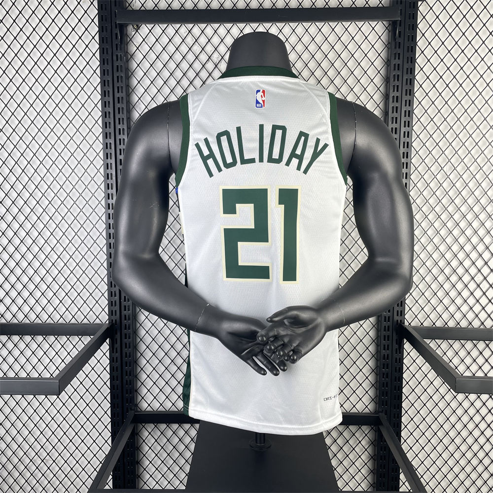 NBA Milwaukee Bucks V-Neck 2023 White jersey HOLIDAY#21 S-XXL