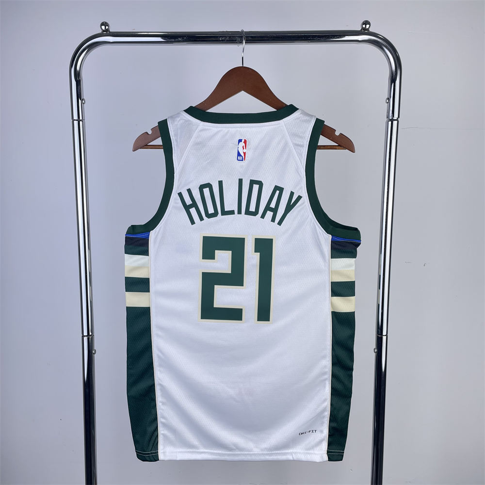 NBA Milwaukee Bucks V-Neck 2023 White jersey HOLIDAY#21 S-XXL