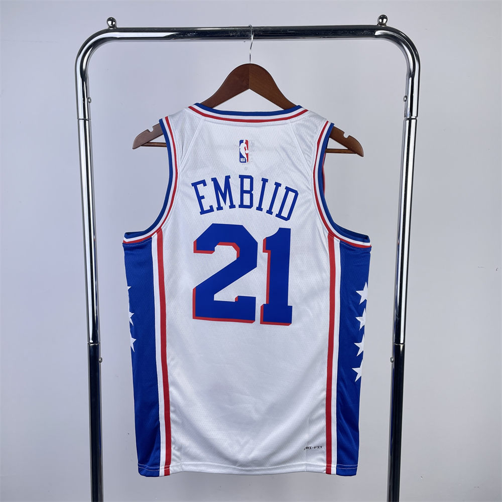 NBA Philadelphia 76ers 2023 V-Neck White Jersey EMBIID#21 S-XXL