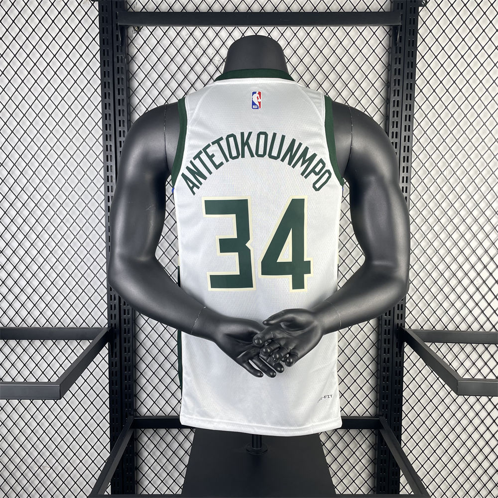 NBA Milwaukee Bucks V-Neck 2023 White jersey ANTETOKOUNMPO#34 S-XXL