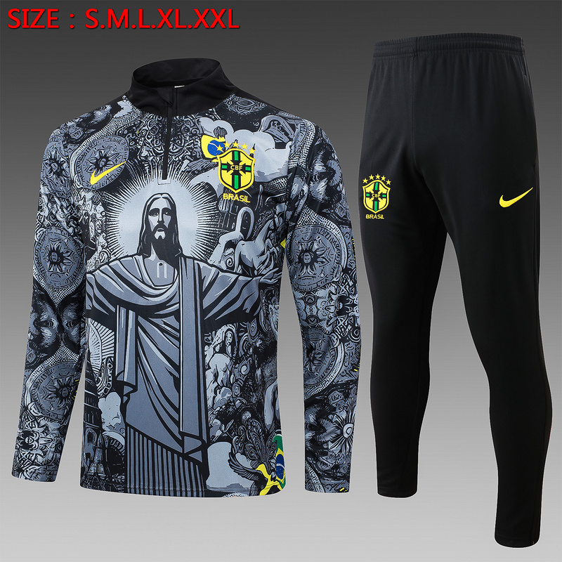 24/25 Brazil Black Long-sleeved half-pull training kit Football team kit