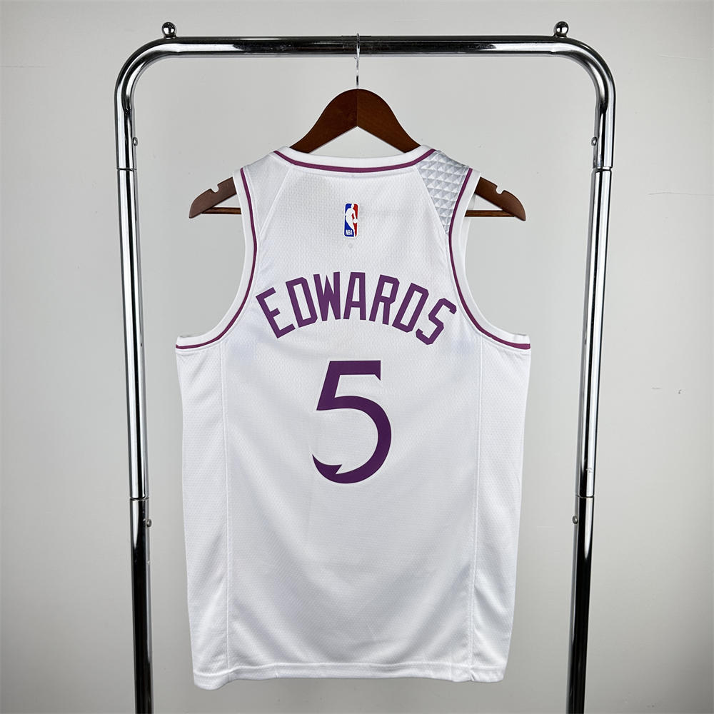 NBA Minnesota Timberwolves V-Neck White Jersey EDWARDS#5 S-XXL