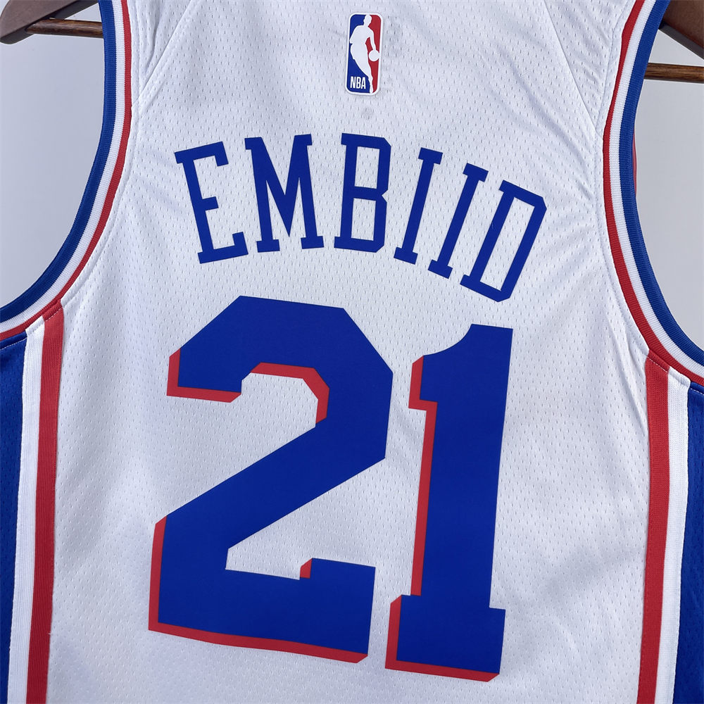 NBA Philadelphia 76ers 2023 V-Neck White Jersey EMBIID#21 S-XXL