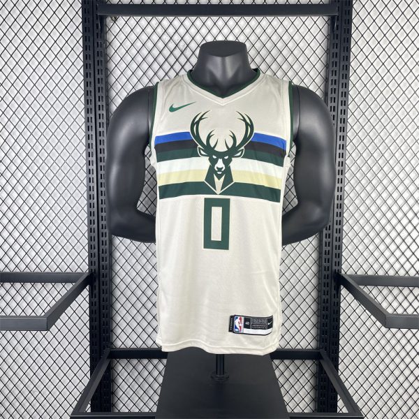 NBA Milwaukee Bucks V-Neck Beige jersey LILLARD#0 S-XXL
