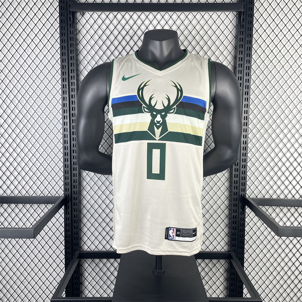 NBA Milwaukee Bucks V-Neck Beige jersey LILLARD#0 S-XXL