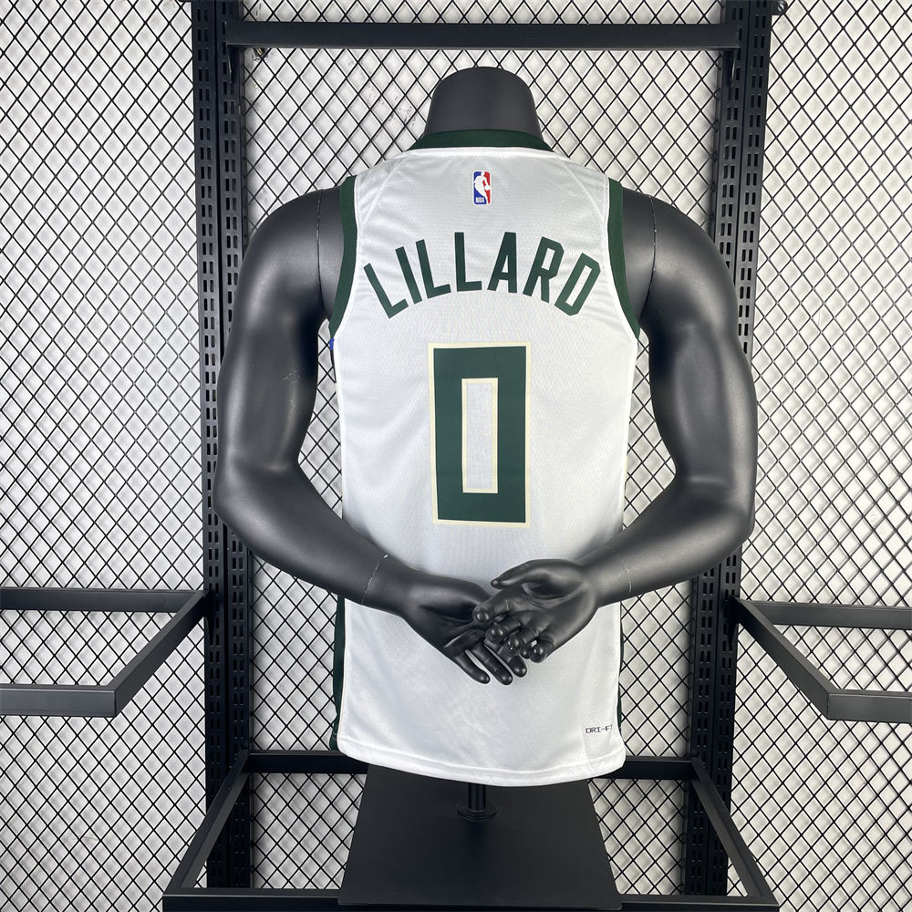 NBA Milwaukee Bucks V-Neck 2023 White jersey LILLARD#0 S-XXL