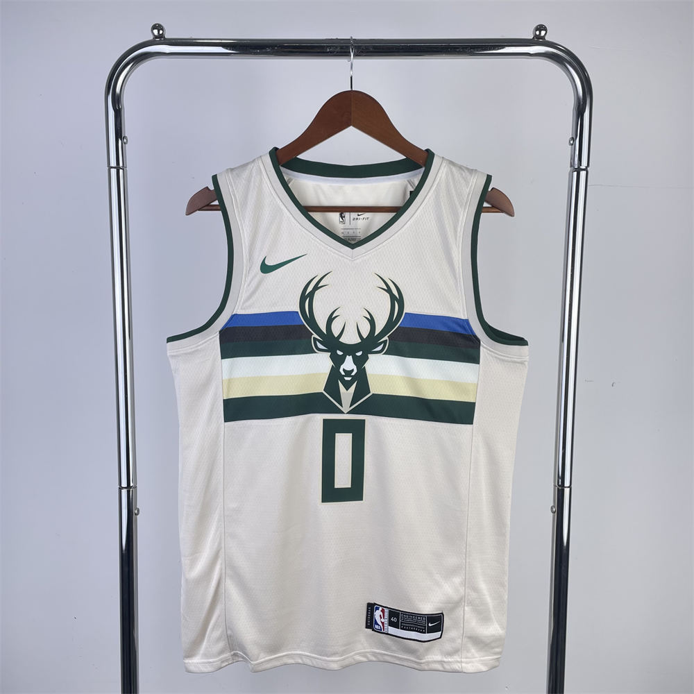 NBA Milwaukee Bucks V-Neck Beige jersey LILLARD#0 S-XXL