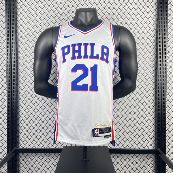 NBA Philadelphia 76ers 2023 V-Neck White Jersey EMBIID#21 S-XXL