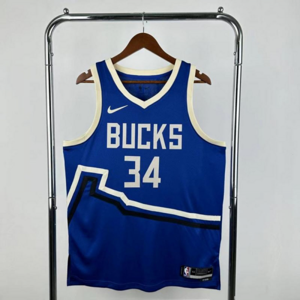 NBA Milwaukee Bucks 2025 V-Neck City Edition Blue jersey ANTETOKOUNMPO#34 S-XXL