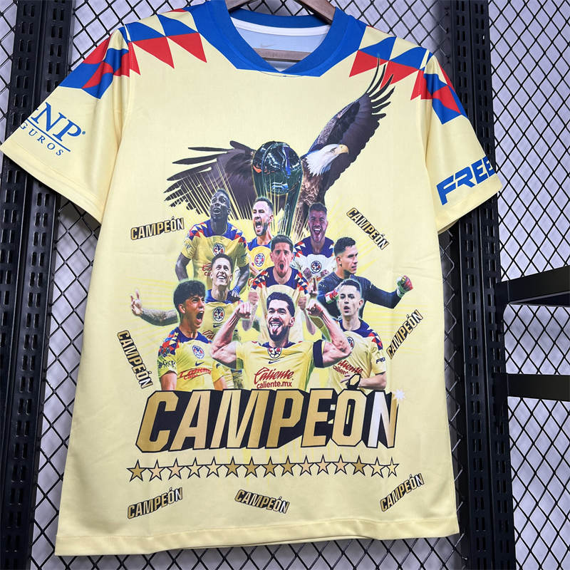 2024/25 Club America 15 Champions Yellow  Commemorative Edition White Jersey Fan Version
