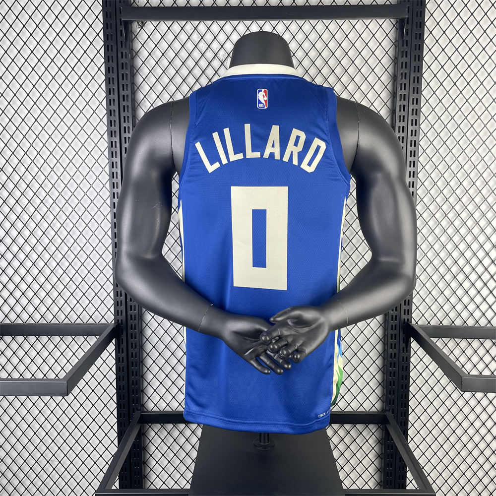 NBA Milwaukee Bucks V-Neck City Edition Blue jersey LILLARD#0 S-XXL