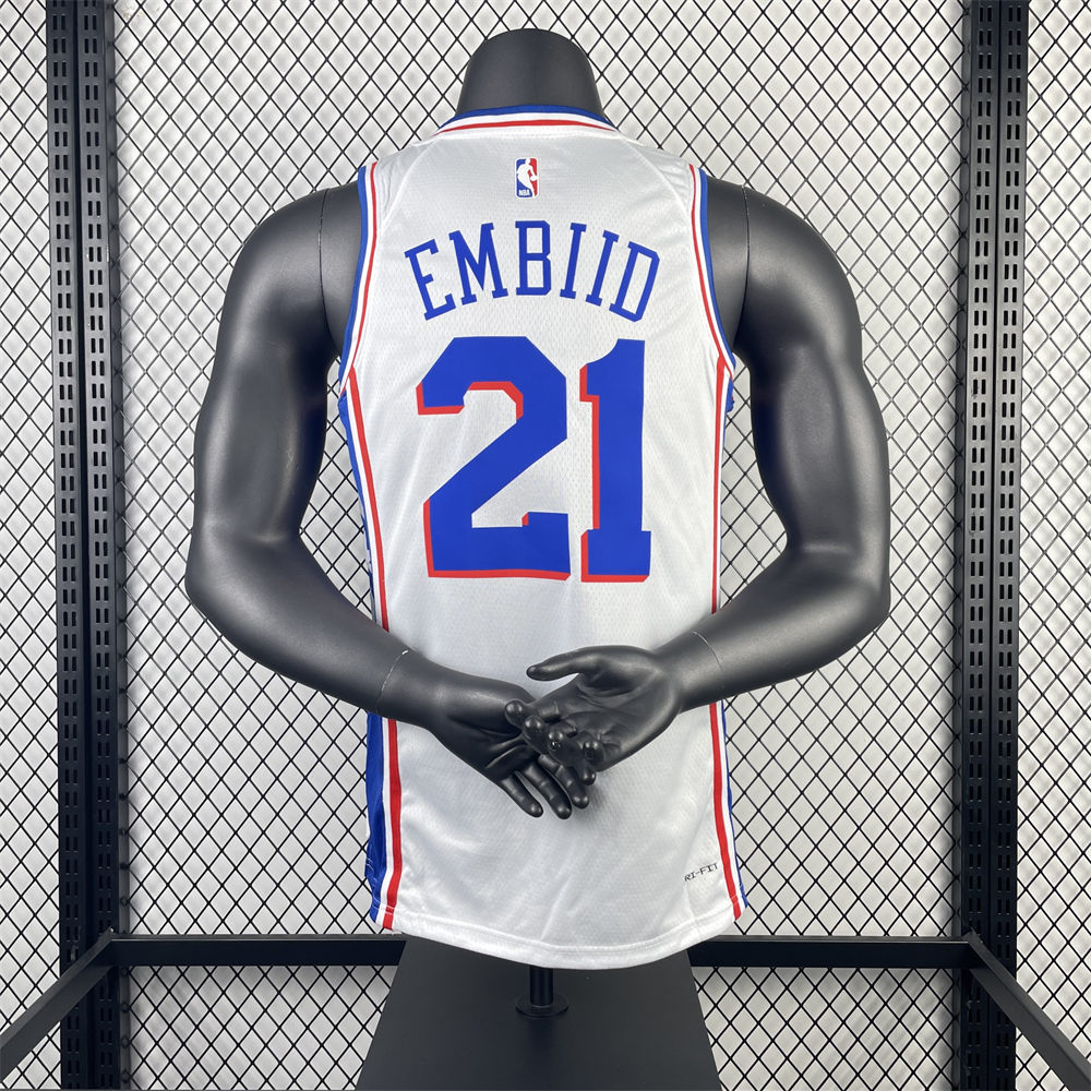 NBA Philadelphia 76ers 2023 V-Neck White Jersey EMBIID#21 S-XXL