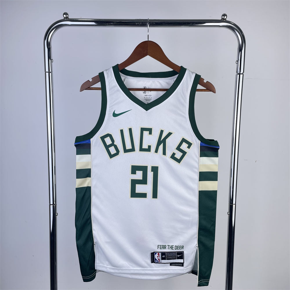 NBA Milwaukee Bucks V-Neck 2023 White jersey HOLIDAY#21 S-XXL