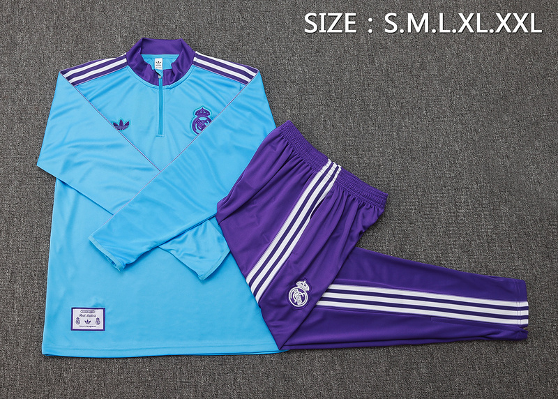 202526 Real Madrid Light blue Long-sleeved half-pull training kit Football team kit