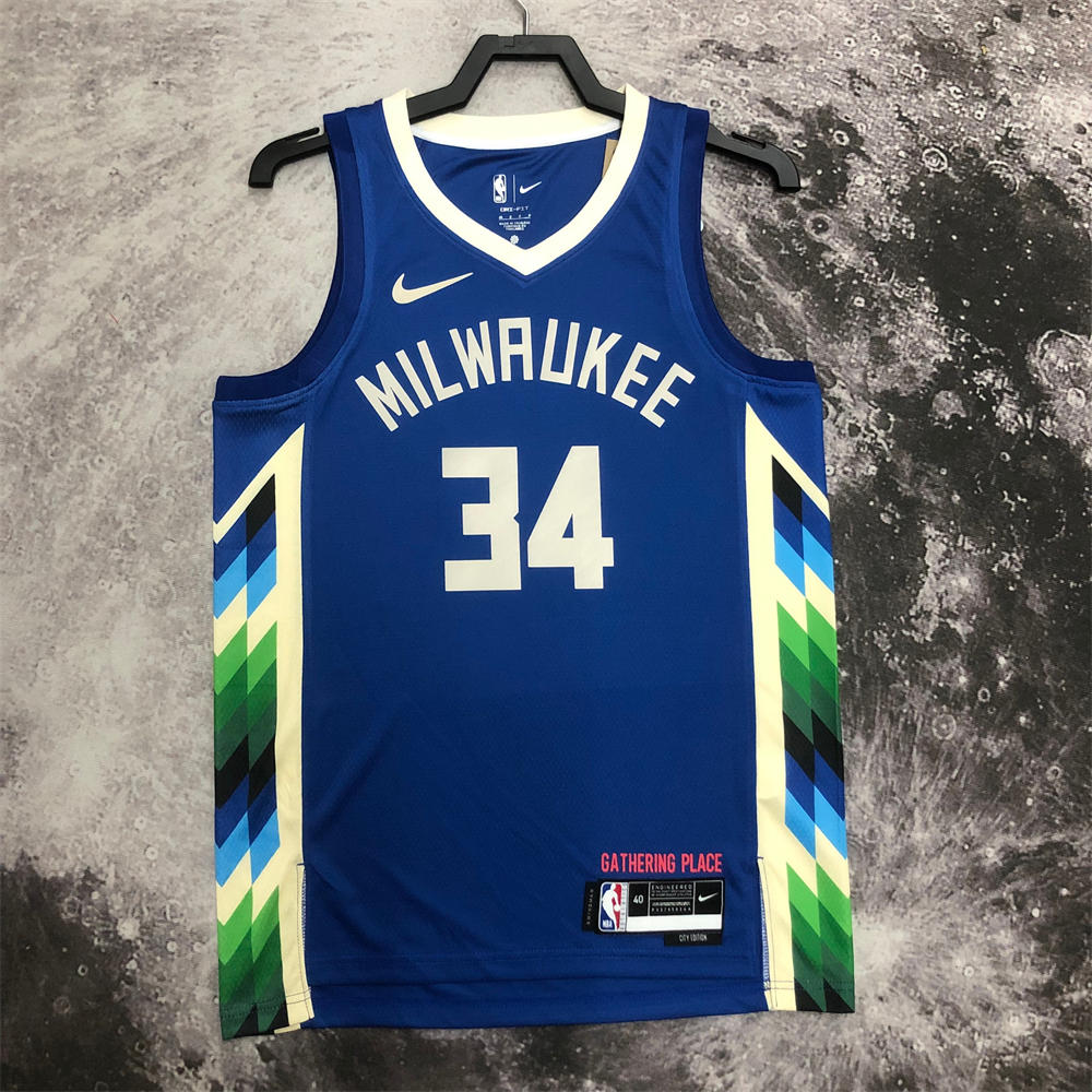 NBA Milwaukee Bucks V-Neck City Edition Blue jersey ANTETOKOUNMPO#34 S-XXL