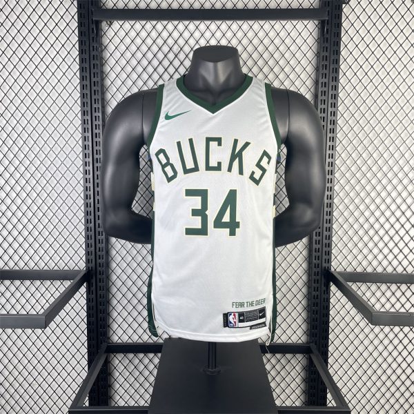 NBA Milwaukee Bucks V-Neck 2023 White jersey ANTETOKOUNMPO#34 S-XXL