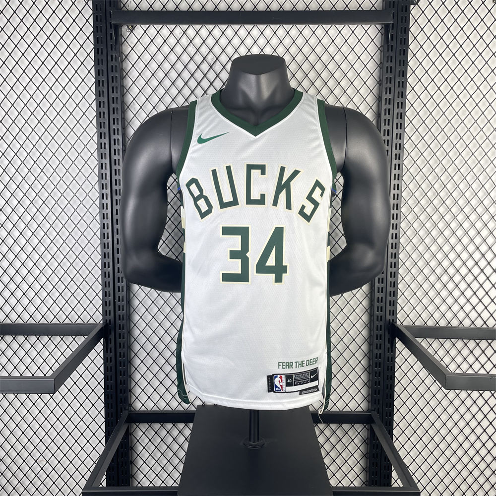 NBA Milwaukee Bucks V-Neck 2023 White jersey ANTETOKOUNMPO#34 S-XXL