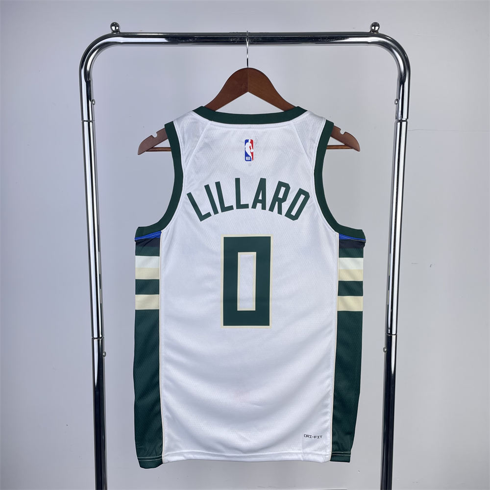NBA Milwaukee Bucks V-Neck 2023 White jersey LILLARD#0 S-XXL