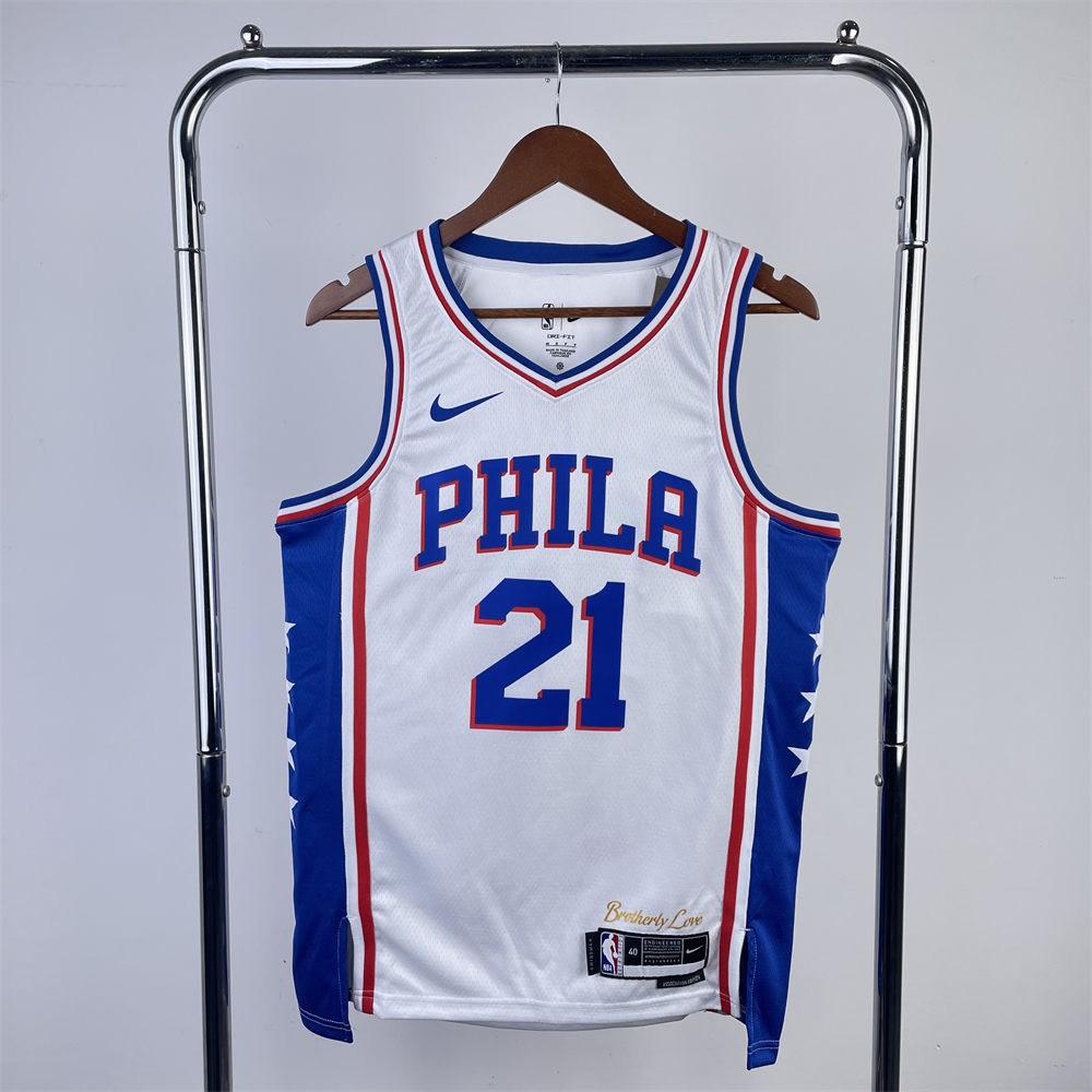 NBA Philadelphia 76ers 2023 V-Neck White Jersey EMBIID#21 S-XXL