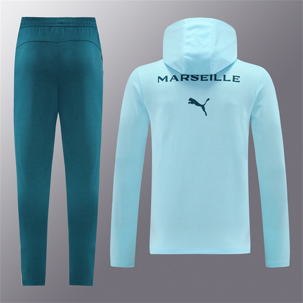 2024 Olympique Marseille Sky Blue Hoodie Jacket Kit Set Football Team Shirt Sports Fashion