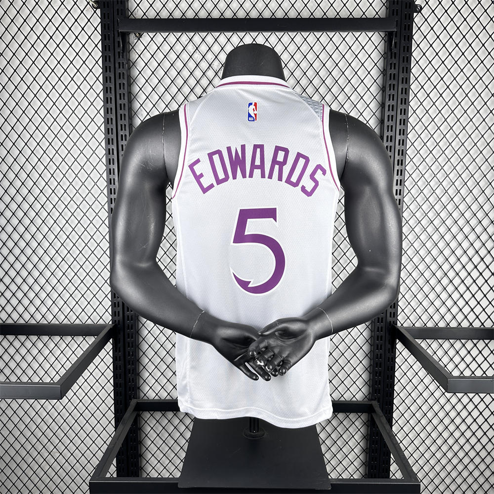 NBA Minnesota Timberwolves V-Neck White Jersey EDWARDS#5 S-XXL