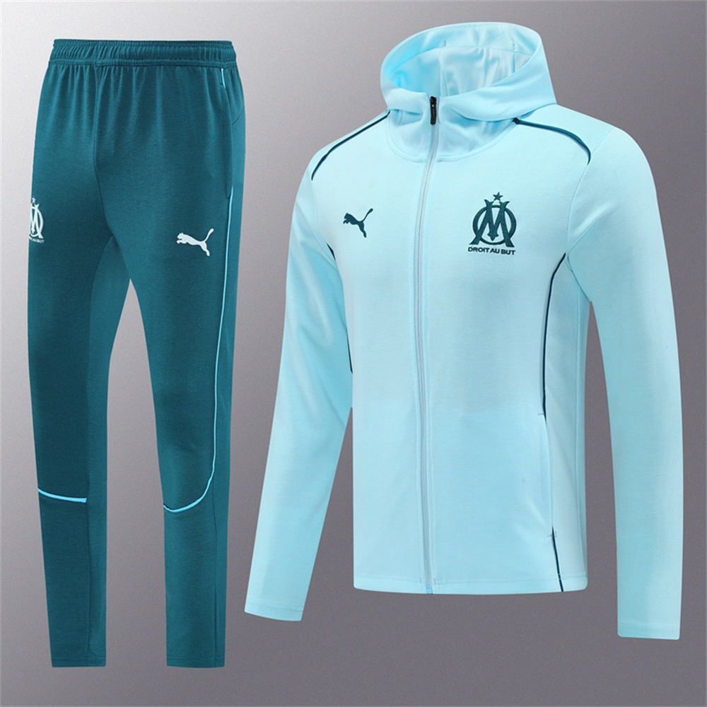 2024 Olympique Marseille Sky Blue Hoodie Jacket Kit Set Football Team Shirt Sports Fashion