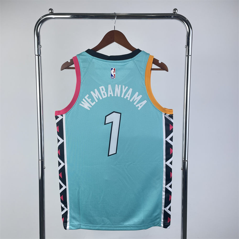 NBA San Antonio Spurs V-Neck Cyan jersey WEMBANYAMA#1 S-XXL