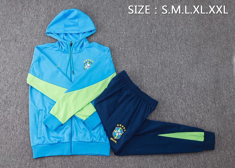 2024 Brazil Blue Hoodie Jacket Kit Set Football Team Shirt Sports Fashion