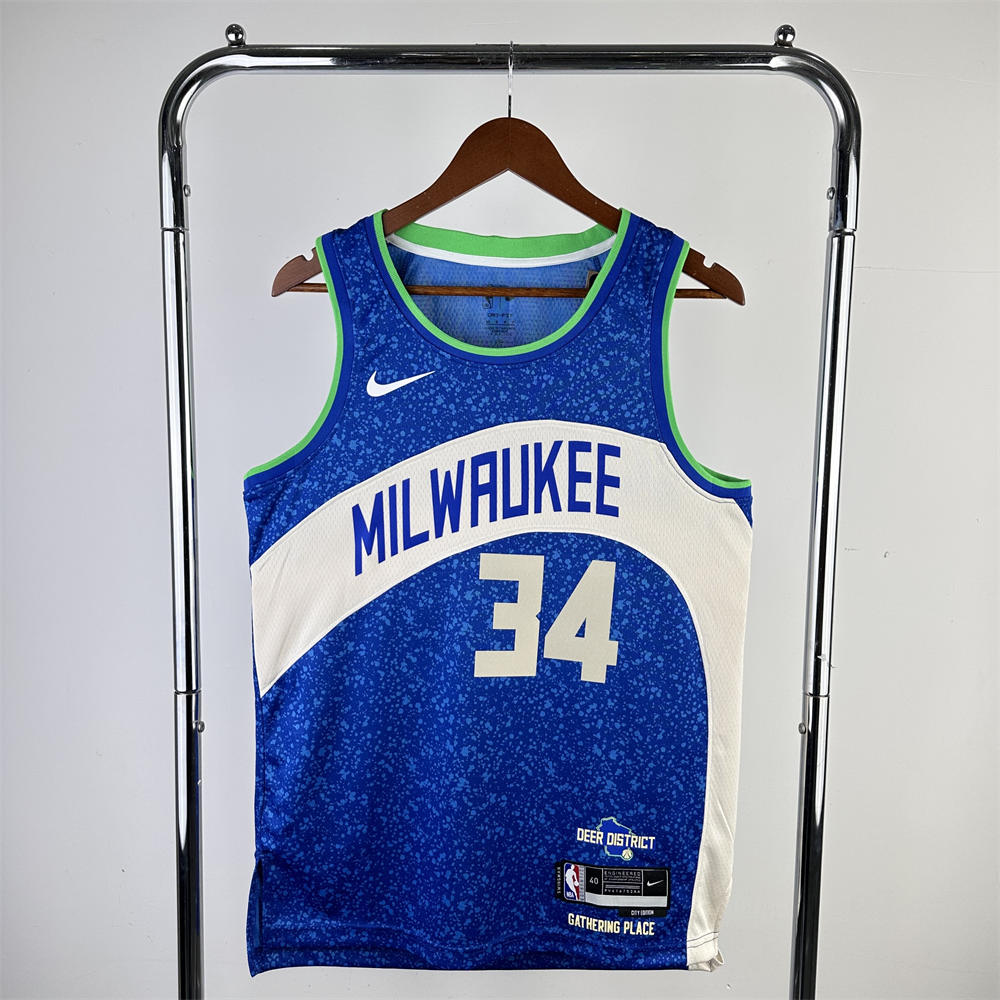 NBA Milwaukee Bucks 2024 Round Neck City Edition Blue jersey ANTETOKOUNMPO#34 S-XXL