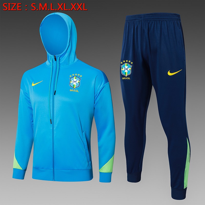 2024 Brazil Blue Hoodie Jacket Kit Set Football Team Shirt Sports Fashion