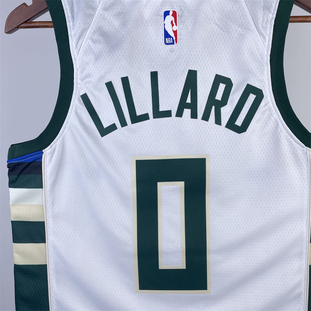 NBA Milwaukee Bucks V-Neck 2023 White jersey LILLARD#0 S-XXL