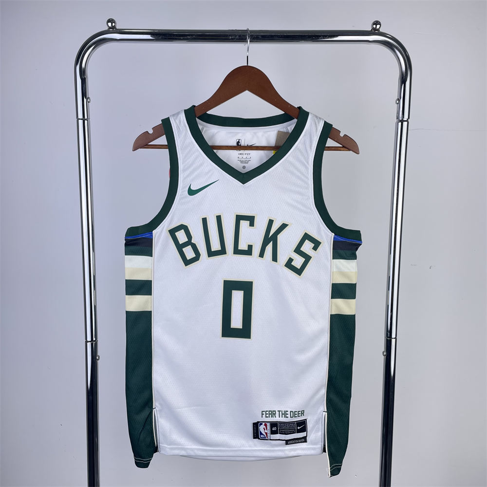 NBA Milwaukee Bucks V-Neck 2023 White jersey LILLARD#0 S-XXL