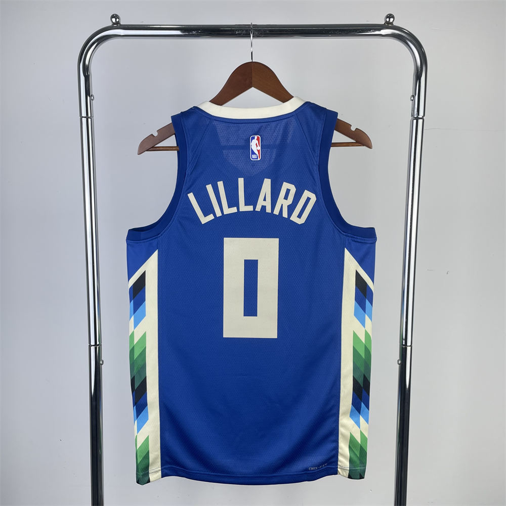 NBA Milwaukee Bucks V-Neck City Edition Blue jersey LILLARD#0 S-XXL