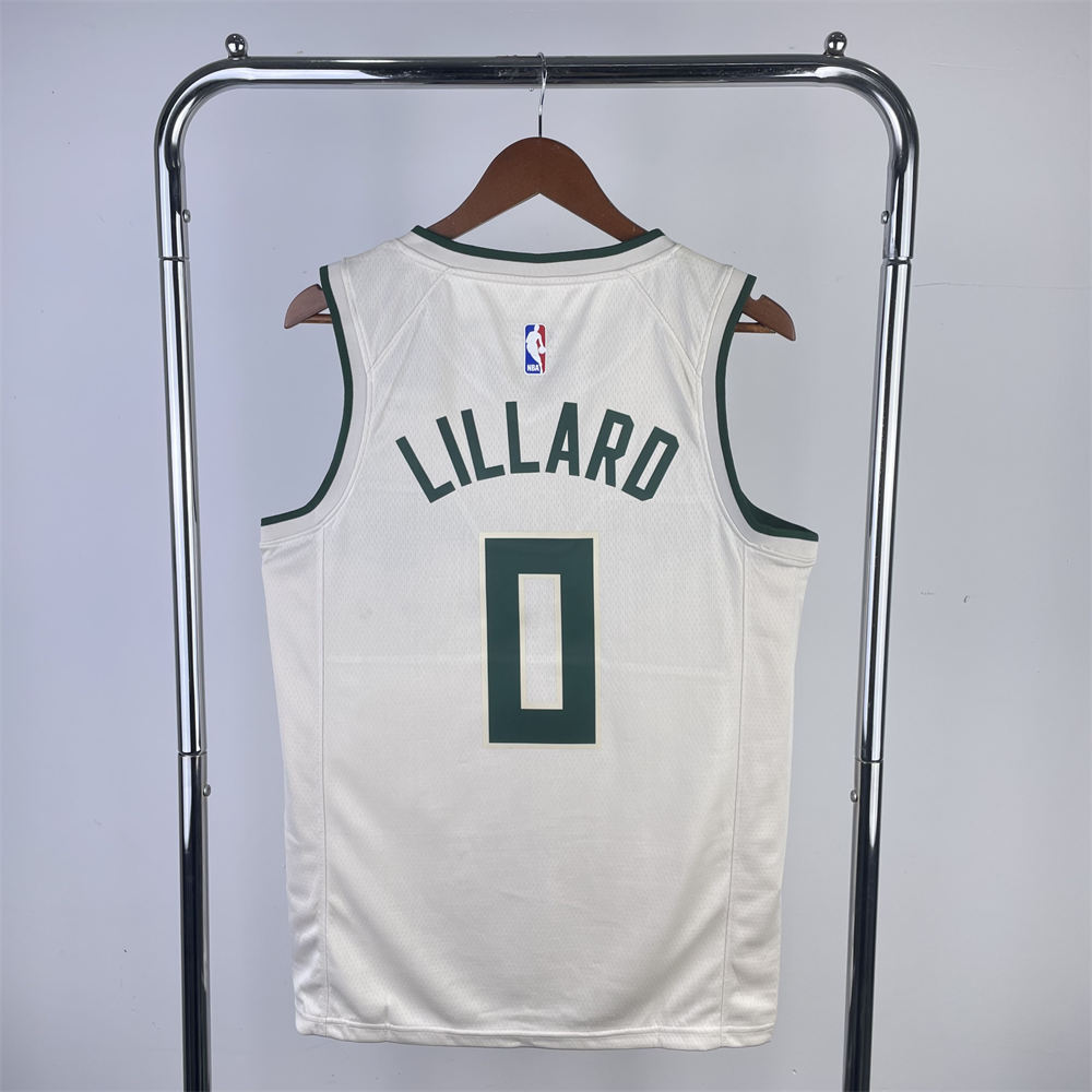 NBA Milwaukee Bucks V-Neck Beige jersey LILLARD#0 S-XXL