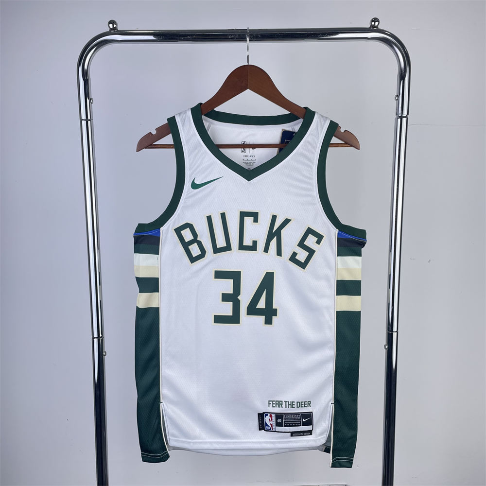 NBA Milwaukee Bucks V-Neck 2023 White jersey ANTETOKOUNMPO#34 S-XXL