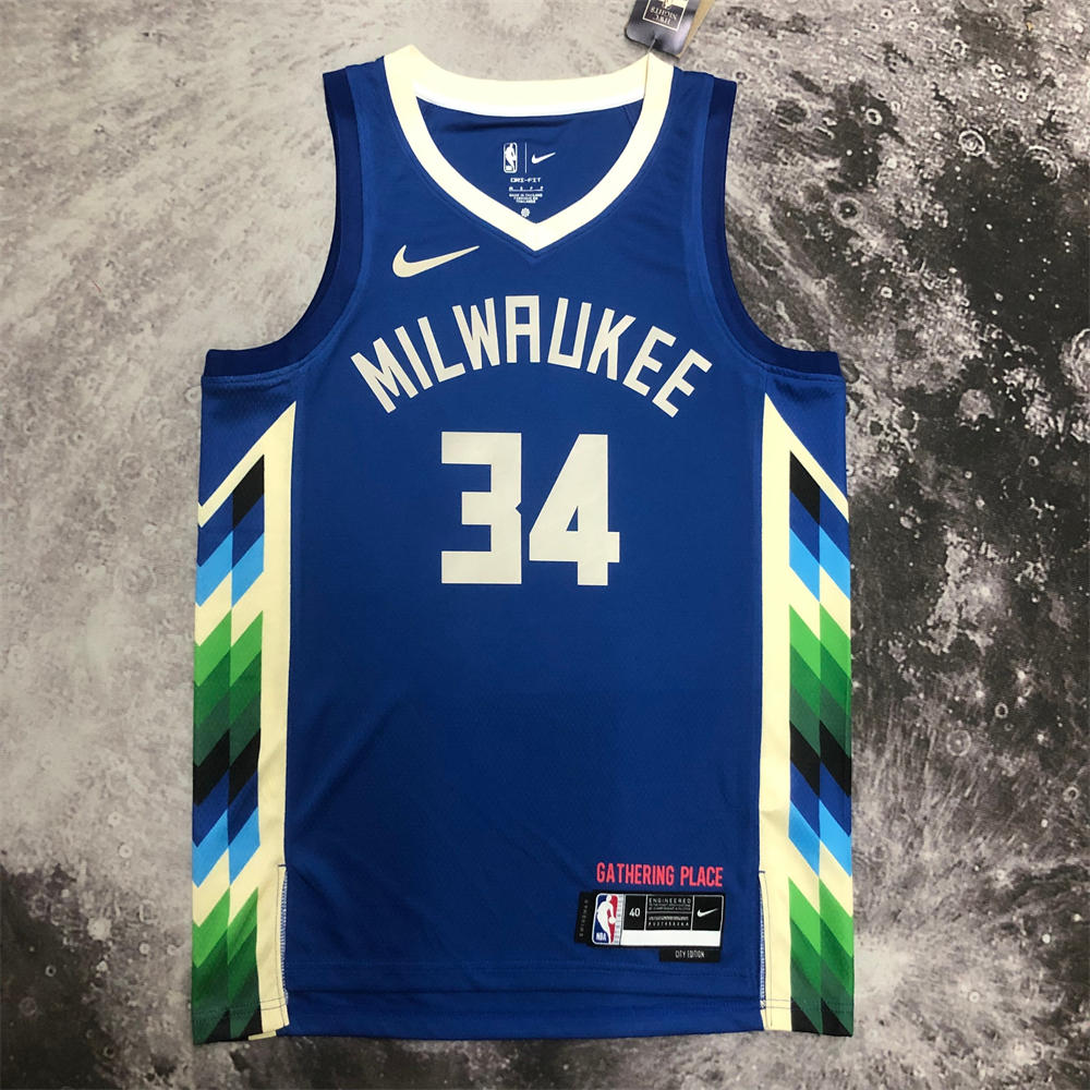 NBA Milwaukee Bucks V-Neck City Edition Blue jersey ANTETOKOUNMPO#34 S-XXL