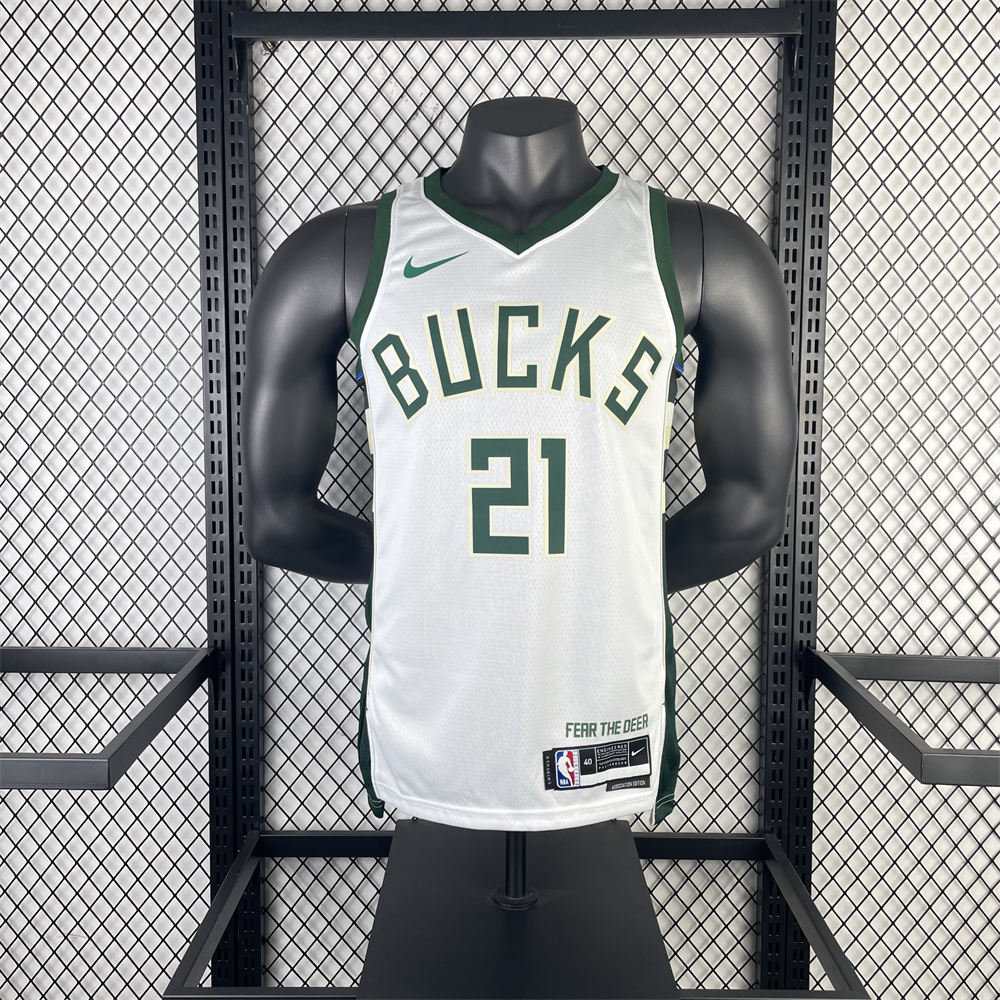 NBA Milwaukee Bucks V-Neck 2023 White jersey HOLIDAY#21 S-XXL